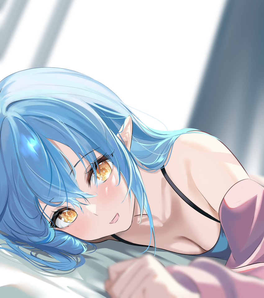 1girl absurdres blue_hair highres hololive kinkikids753 long_hair looking_at_viewer lying open_mouth pointy_ears smile solo virtual_youtuber yellow_eyes yukihana_lamy