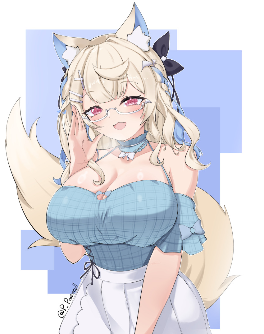 1girl absurdres alt_text animal_ear_fluff animal_ears bare_shoulders blonde_hair blue_background blue_hair blue_shirt breasts cleavage collarbone commission cowboy_shot dog_ears dog_girl dog_tail fangs fuwawa_abyssgard fuwawa_abyssgard_(casual) glasses highres hololive hololive_english huge_breasts large_breasts long_hair multicolored_hair official_alternate_costume p_protocoll pink_eyes semi-rimless_eyewear shirt simple_background skin_fangs skirt solo streaked_hair tail two-tone_hair under-rim_eyewear virtual_youtuber white_skirt