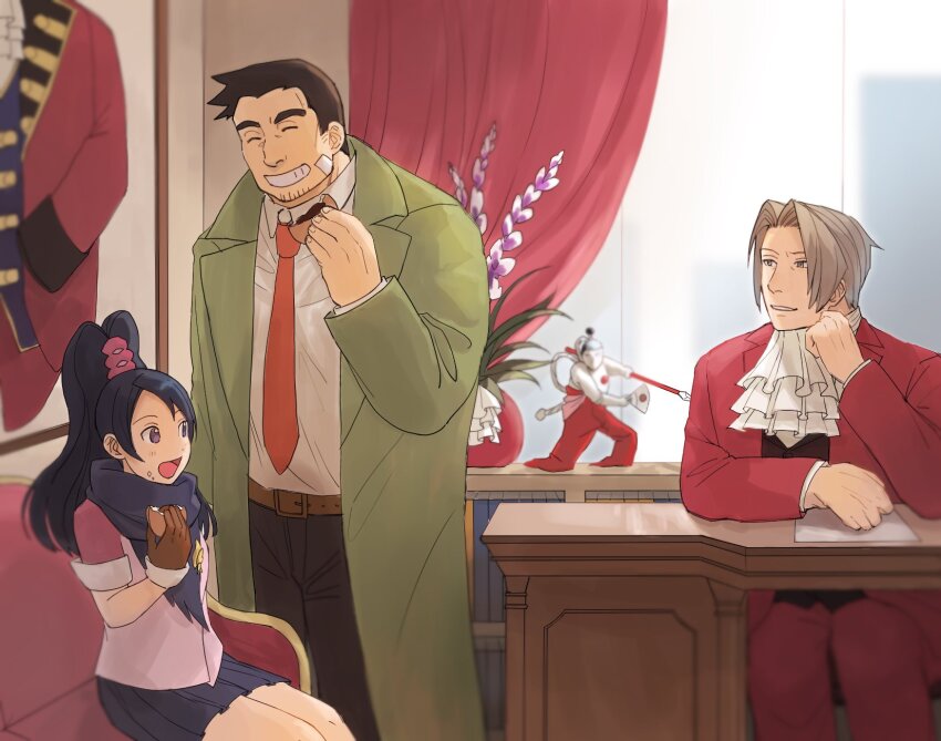 1girl 2boys :d ace_attorney ace_attorney_investigations ascot bandaid bandaid_on_face black_hair black_pants black_vest blue_scarf brown_gloves coat desk dick_gumshoe dorayaki facial_hair figure flower_pot food formal_clothes gloves green_coat grey_hair grin hachi_goma47 highres holding holding_food indoors jacket kay_faraday miles_edgeworth miniskirt multiple_boys necktie open_mouth pants pink_shirt pleated_skirt red_jacket red_necktie red_pants red_suit scarf shirt sitting skirt smile steel_samurai suit vest wagashi white_ascot white_shirt