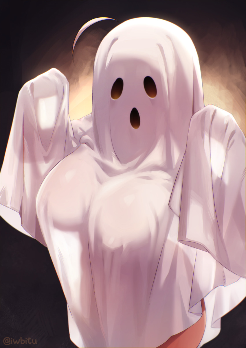 1girl ahoge breasts commentary covered_erect_nipples english_commentary ghost_costume halloween highres iwbitu large_breasts long_sleeves nyopu original sleeves_past_fingers sleeves_past_wrists solo thighs twitter_username white_hair