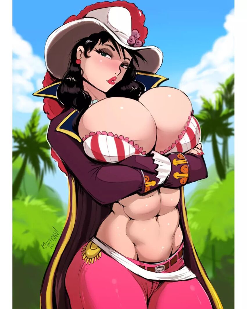 1girl abs akuma_no_mi alvida_(one_piece) belt black_hair blush breast_press breasts cloud cloudy_sky crossed_arms female_focus forest glow_up green_eyes hat hat_feather highres jewelry large_breasts lipstick long_hair looking_at_viewer makeup midriff nature navel necklace no_panties one_piece ornament pirate pirate_costume pirate_hat sky solo sube_sube_no_mi tropical