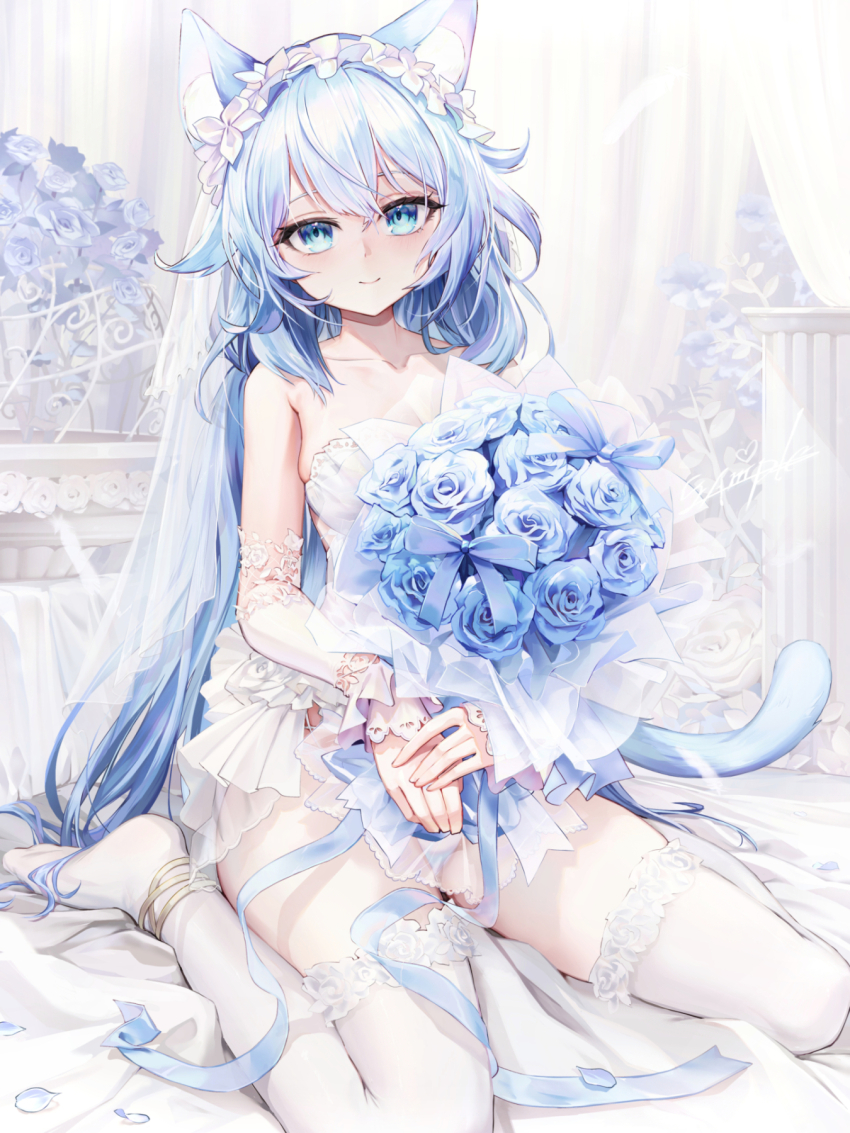 1girl animal_ears bare_shoulders blue_eyes blue_flower blue_hair blue_ribbon blue_rose blue_theme bouquet breasts bridal_veil bride cat_ears cat_tail chinese_commentary cleavage closed_mouth collarbone detached_sleeves double-parted_bangs dress feet flower flower_wreath forehead frilled_sleeves frills full_body hair_flaps head_tilt highres holding holding_bouquet indoors legs long_hair multicolored_hair original pillar purple_hair qiaogun_damodao ribbon rose shadow sitting small_breasts smile streaked_hair tail thighhighs thighs two-tone_hair veil wariza wedding_dress white_sleeves white_thighhighs