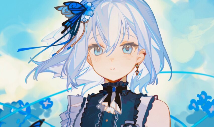 1girl aqua_shirt ascot bang_dream! black_bow blue_brooch blue_eyes blue_flower blue_ribbon blue_sky blue_theme blurry blurry_background bow bowtie butterfly_hair_ornament buttons choker close-up cloud double-parted_bangs dress_shirt ear_piercing earrings flower frilled_choker frills hair_between_eyes hair_ornament hair_ribbon highres jewelry kurata_mashiro medium_hair outdoors parted_lips piercing portrait ribbon shirt single_earring single_sleeve sketch_background sky solo teeth unkempt white_ascot white_hair wind yellow_sky yuumii_0120