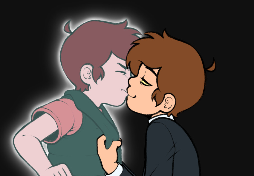 2boys bill_cipher bipper brown_hair child kodomo_doushi dipper_pines dreamscreep forced_kiss formal_clothes frown ghost gravity_falls highres kiss multiple_boys possessed selfcest shirt smile suit t-shirt vest yaoi yellow_eyes