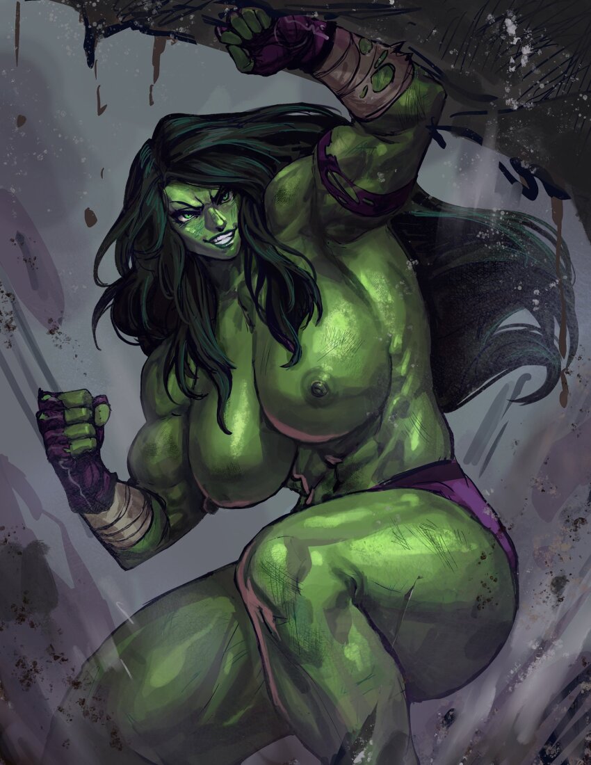 1girl breasts clenched_hands colored_skin fingerless_gloves gloves green_eyes green_hair green_skin grin highres huge_breasts long_hair marvel micro_shorts muscular muscular_female nipples purple_gloves purple_shorts she-hulk shorts smile solo topless virgoart