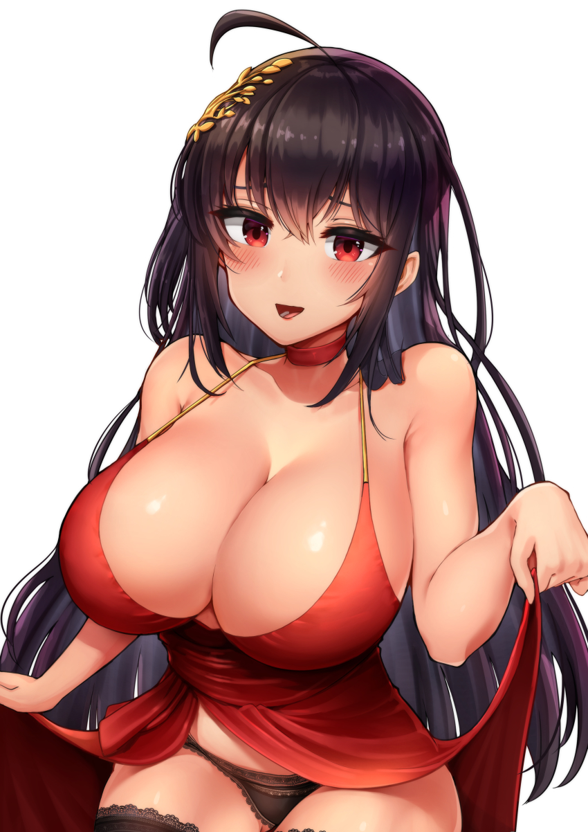 1girl :d absurdres ahoge azur_lane bad_id bad_pixiv_id bare_shoulders black_hair black_panties black_thighhighs blush breasts choker cleavage clothes_lift cocktail_dress collarbone crossed_bangs dress dress_lift eyebrows_hidden_by_hair female_focus gui_ss hair_between_eyes hair_ornament highres huge_breasts lifting_own_clothes long_hair looking_at_viewer official_alternate_costume open_mouth panties red_choker red_dress red_eyes shiny_skin simple_background smile solo taihou_(azur_lane) taihou_(forbidden_fruit)_(azur_lane) thighhighs underwear very_long_hair white_background