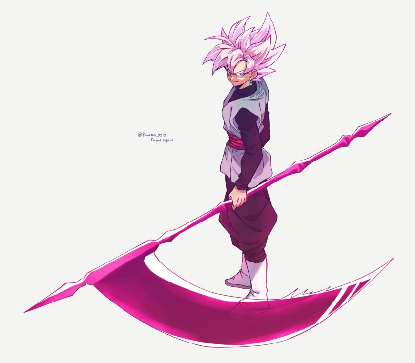 1boy black_pants black_shirt boots dragon_ball dragon_ball_super earrings energy_blade goku_black grey_tunic highres holding holding_scythe holding_weapon jewelry komesan_0212 long_sleeves looking_to_the_side male_focus medium_hair over_shoulder pants pink_hair potara_earrings purple_eyes scythe shirt simple_background single_earring smirk solo super_saiyan super_saiyan_rose tunic twitter_username weapon weapon_over_shoulder white_background white_footwear