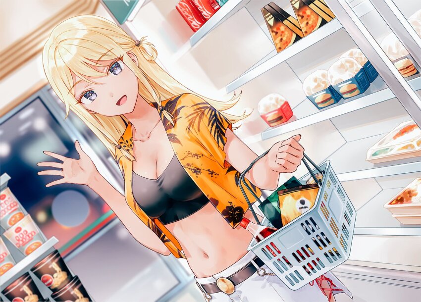 1girl :d belt blonde_hair breasts brown_belt character_request cleavage collarbone commentary_request convenience_store crop_top cup_ramen dutch_angle food gimai_seikatsu hiten_(hitenkei) long_hair looking_at_viewer medium_breasts midriff navel official_art open_clothes open_mouth open_shirt orange_shirt purple_eyes second-party_source shirt shop shopping_basket short_sleeves skirt smile solo waving white_skirt