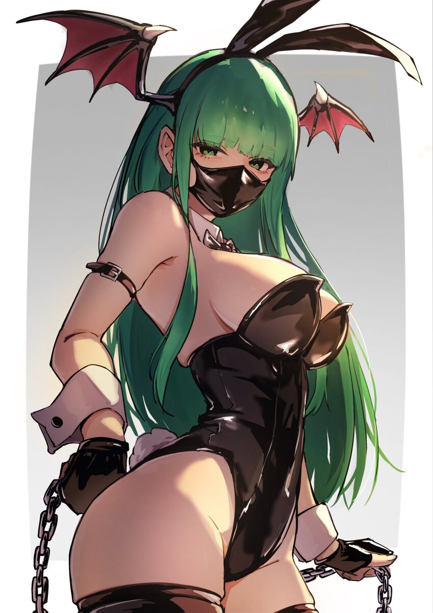 1girl absurdres animal_ears ap_cammy bare_shoulders black_gloves black_leotard black_thighhighs blunt_bangs border breasts chain cleavage commentary_request cowboy_shot darkstalkers fake_animal_ears fake_tail fingerless_gloves gloves green_eyes green_hair highres holding holding_chain large_breasts leotard long_hair looking_at_viewer mask morrigan_aensland mouth_mask playboy_bunny rabbit_ears rabbit_tail shadow shiny_leotard simple_background solo strapless strapless_leotard tail thighhighs white_border wrist_cuffs