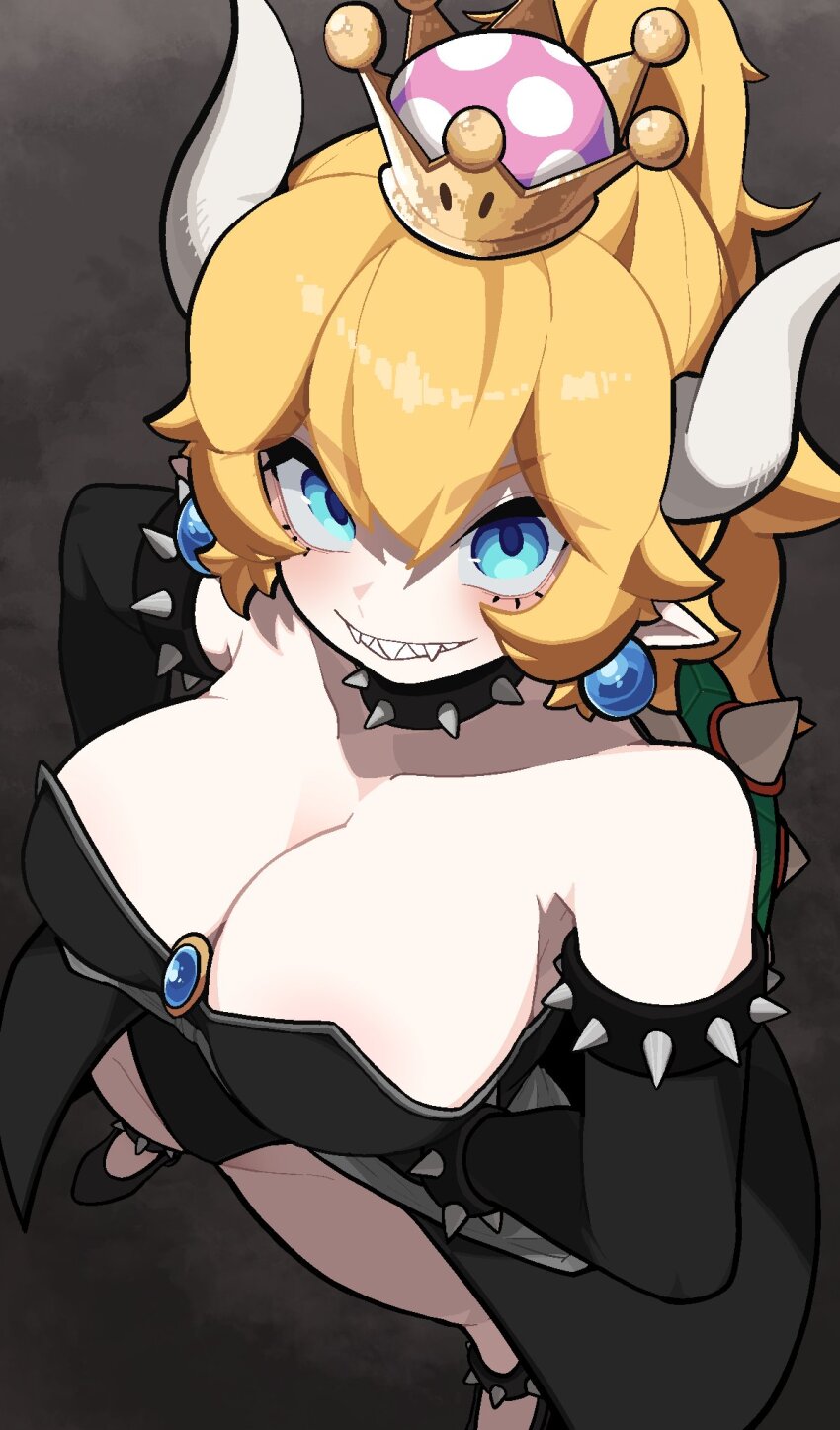 1girl armlet bowsette breasts cleavage highres jewelry large_breasts mario_(series) min_lona new_super_mario_bros._u_deluxe nintendo ponytail solo super_crown