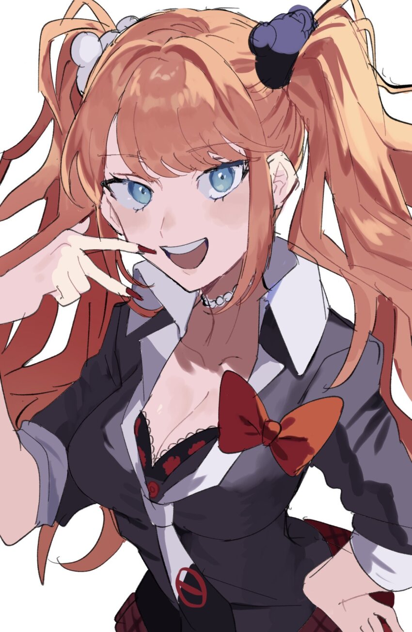 1girl :d bear_hair_ornament black_bra black_shirt blonde_hair blue_eyes bow bra breasts choker cleavage collarbone danganronpa:_trigger_happy_havoc danganronpa_(series) enoshima_junko hair_ornament hand_on_own_hip hand_up highres large_breasts long_hair long_sleeves miniskirt monigechan nail_polish open_mouth plaid_clothes plaid_skirt red_bow red_nails red_skirt shirt skirt smile solo teeth twintails underwear upper_teeth_only