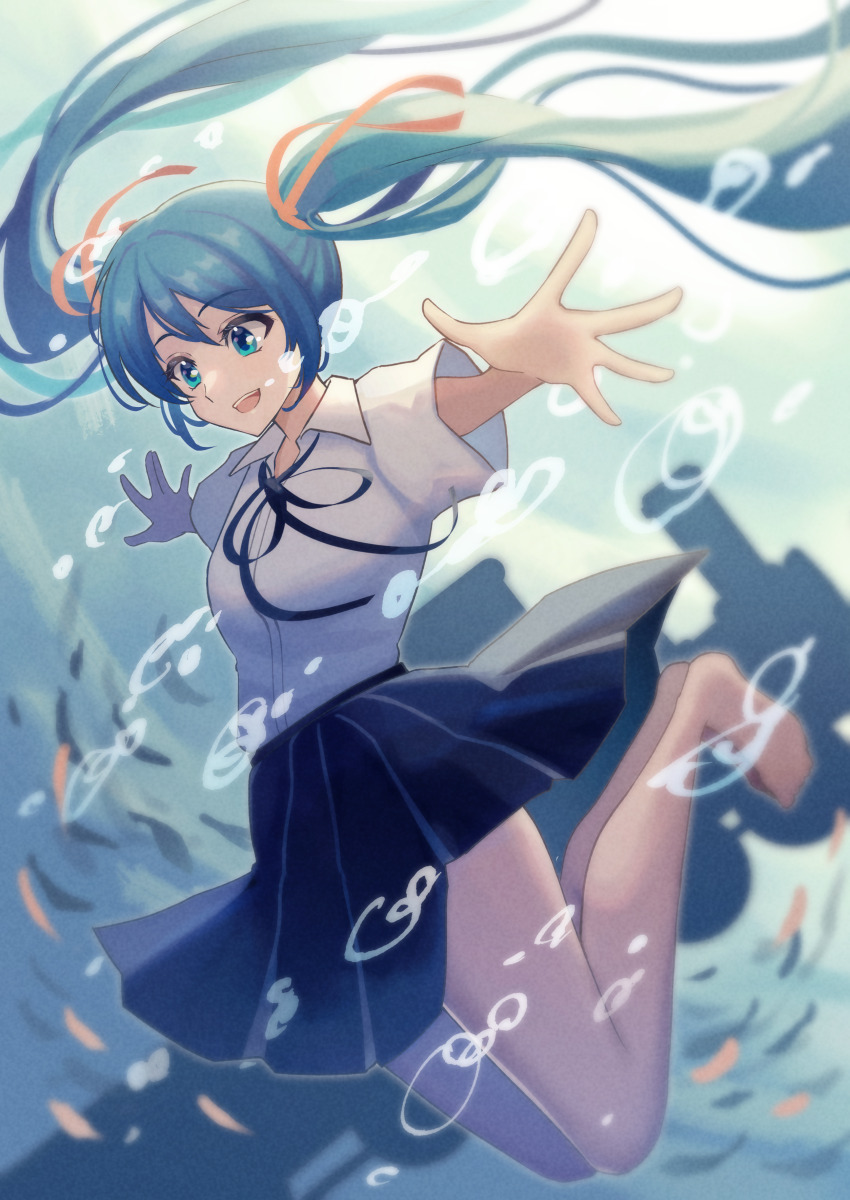 1girl :d absurdres aqua_eyes aqua_hair barefoot black_ribbon black_skirt blurry breasts collared_shirt commentary_request full_body hair_between_eyes hair_ribbon hatsune_miku highres long_hair neck_ribbon open_mouth orange_ribbon partial_commentary pleated_skirt ribbon shirt short_sleeves skirt smile solo teeth tongue tsumurimai twintails umiyuri_kaiteitan_(vocaloid) underwater upper_teeth_only vocaloid white_shirt