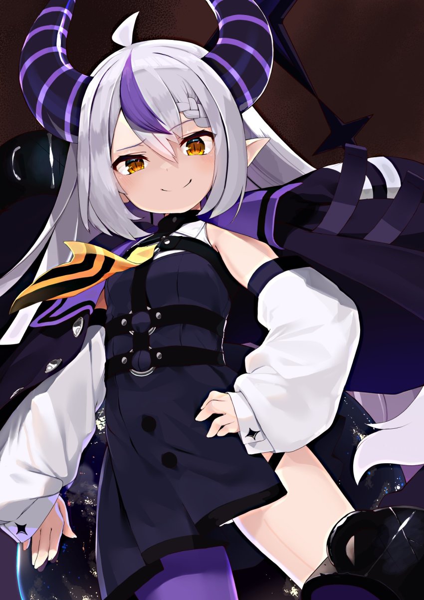 1girl ahoge bare_shoulders blush braid demon_girl demon_horns hair_between_eyes highres hololive holox horns la+_darknesss long_hair long_sleeves looking_at_viewer multicolored_hair nejime pointy_ears purple_hair silver_hair sleeves_past_fingers sleeves_past_wrists smile solo streaked_hair striped_horns thighs very_long_hair virtual_youtuber yellow_eyes