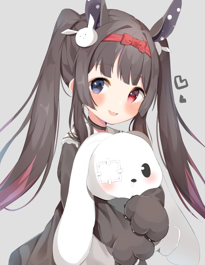 1girl 2024 black_hair blue_eye blush child heterochromia highres horns hug indie_virtual_youtuber kamiru_runa pink_eye solo stuffed_animal stuffed_toy virtual_youtuber