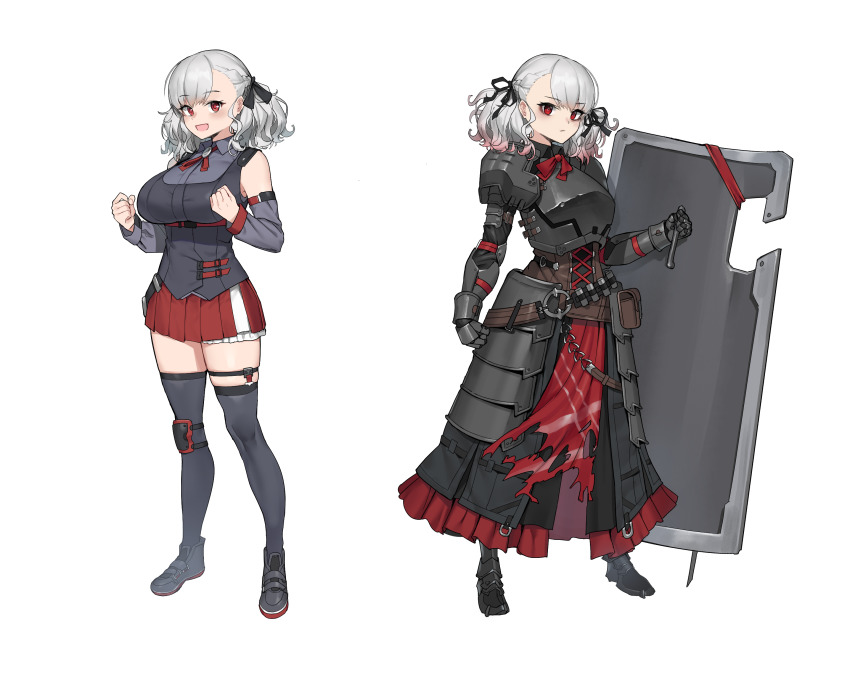 12-gauge 12-gauge_(2_3/4_inch_shell) 1girl :d absurdres ammunition armor asymmetrical_legwear bags_under_eyes black_ribbon bow bowtie breasts clenched_hands detached_sleeves faulds full_body gauntlets girls&#039;_frontline grey_hair grey_thighhighs hair_ribbon high_brass highres knee_pads labyrinth_of_the_dark large_breasts looking_at_viewer official_alternate_costume open_mouth overpressure_ammunition plate_armor pleated_skirt red_eyes red_skirt ribbon shield shotgun_shell shoulder_pads simple_background single_knee_pad skirt smile spas-12_(girls&#039;_frontline) spas-12_(goblin_huntress)_(girls&#039;_frontline) thighhighs torn_clothes uneven_legwear urrrt white_background