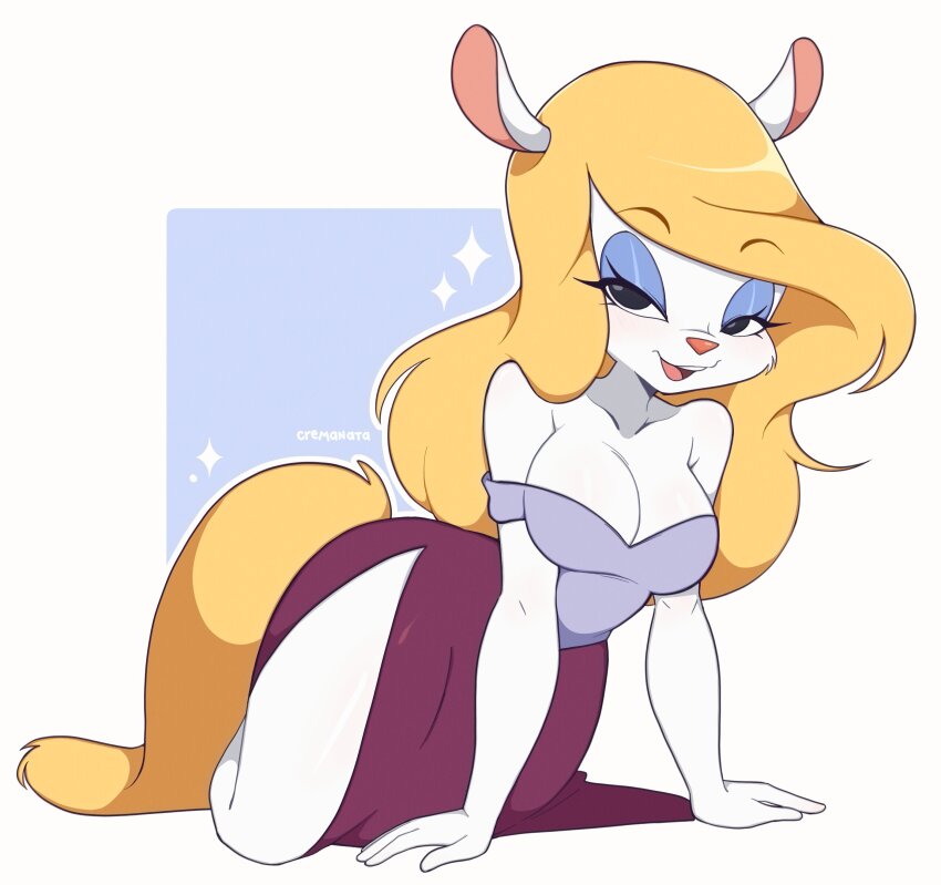 1girl absurdres animaniacs artist_name blonde_hair breasts cleavage cremanata english_text furry furry_female highres large_breasts lavender_shirt long_hair looking_at_viewer minerva_mink open_mouth purple_skirt side_slit simple_background skirt teeth upper_teeth_only