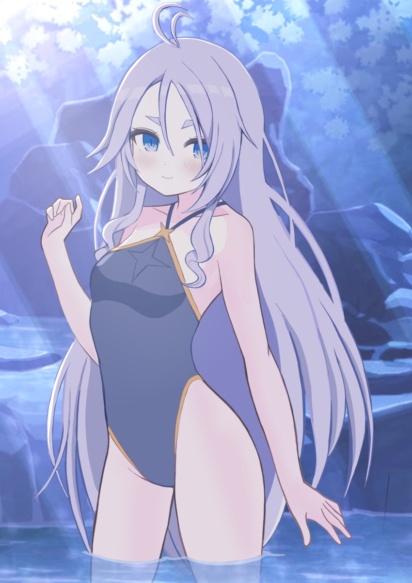 1girl absurdres antenna_hair arm_at_side bare_arms bare_shoulders blue_eyes blue_one-piece_swimsuit breasts closed_mouth collarbone commission contrapposto cowboy_shot gold_trim grey_hair hair_between_eyes halterneck hand_up highleg highleg_one-piece_swimsuit highres light_blush light_rays long_hair looking_at_viewer mikoko1 moonlight night one-piece_swimsuit original outdoors parted_bangs rock short_eyebrows sidelocks skeb_commission small_breasts smile solo standing swimsuit thick_eyebrows very_long_hair wading water