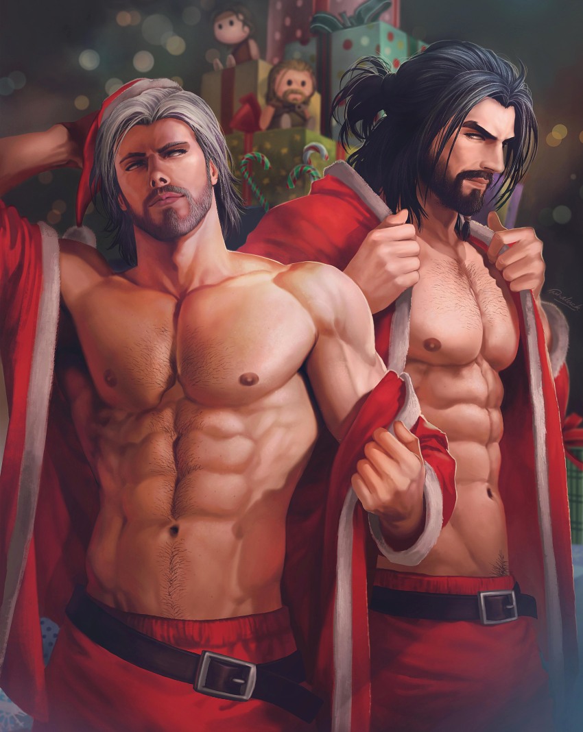 2boys abs absurdres aenaluck artist_name bara bare_pectorals beard belt black_belt black_hair box carlnes_(aenaluck) character_doll chest_hair closed_mouth doll facial_hair gift gift_box grey_hair hat highres large_pectorals looking_at_another male_focus master_(aenaluck) medium_hair multiple_boys muscular muscular_male navel navel_hair nipples open_clothes open_shirt original pants pectorals ponytail red_pants red_shirt santa_costume santa_hat shirt short_hair stuffed_toy