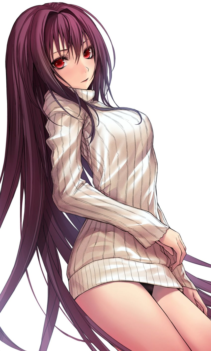 1girl absurdres applekun breasts cowboy_shot fate/grand_order fate_(series) from_side hair_intakes highres large_breasts long_hair no_pants panties pantyshot purple_hair red_eyes ribbed_sweater scathach_(fate) simple_background solo sweater thighs turtleneck underwear white_background