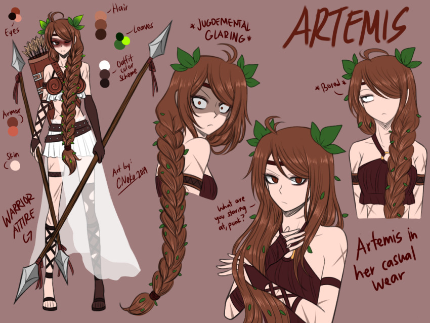 1girl ahoge antenna_hair arrow_(projectile) artemis_(mythology) belt bra braid braided_ponytail brown_eyes brown_hair character_sheet cneko-chan color_guide elbow_gloves english_text facepaint frills full_body glaring gloves greek_mythology hair_ornament hair_over_one_eye leaf leaf_hair_ornament long_hair midriff multiple_views original polearm sandals scar scared see-through_clothes shaded_face single_braid single_thighhigh skirt spear standing swept_bangs tagme thigh_strap thighhighs torn_clothes torn_legwear underwear weapon wide-eyed