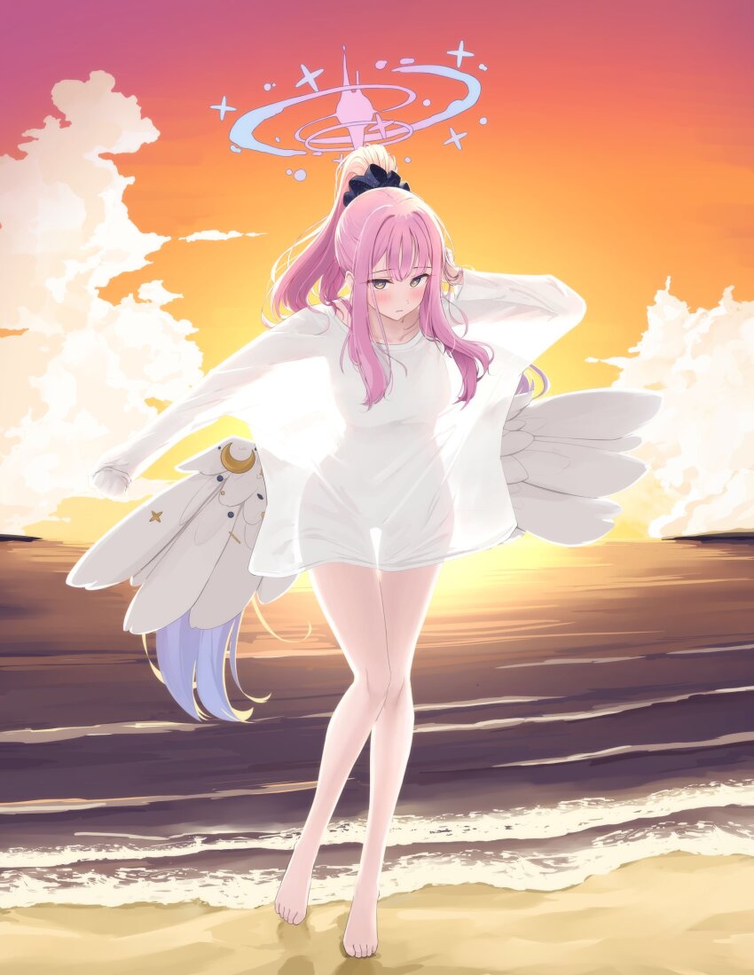 1girl absurdres alternate_costume alternate_hairstyle angel_wings bare_legs barefoot beach blue_archive blush closed_mouth daran9 feathered_wings full_body halo highres long_hair looking_at_viewer low_wings mika_(blue_archive) ocean orange_sky oversized_clothes pink_hair pink_halo see-through_silhouette shirt sky solo standing toes white_shirt white_wings wings yellow_eyes