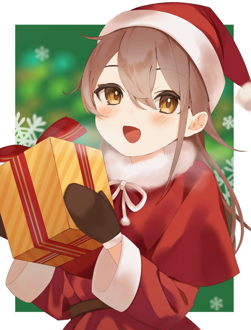 1girl absurdres blush box brown_eyes brown_gloves brown_hair brown_mittens christmas commentary gift gift_box gloves hat highres holding holding_gift merry_christmas mittens open_mouth original red_ribbon ribbon santa_costume santa_hat snowflake_background snowflakes usami_0288