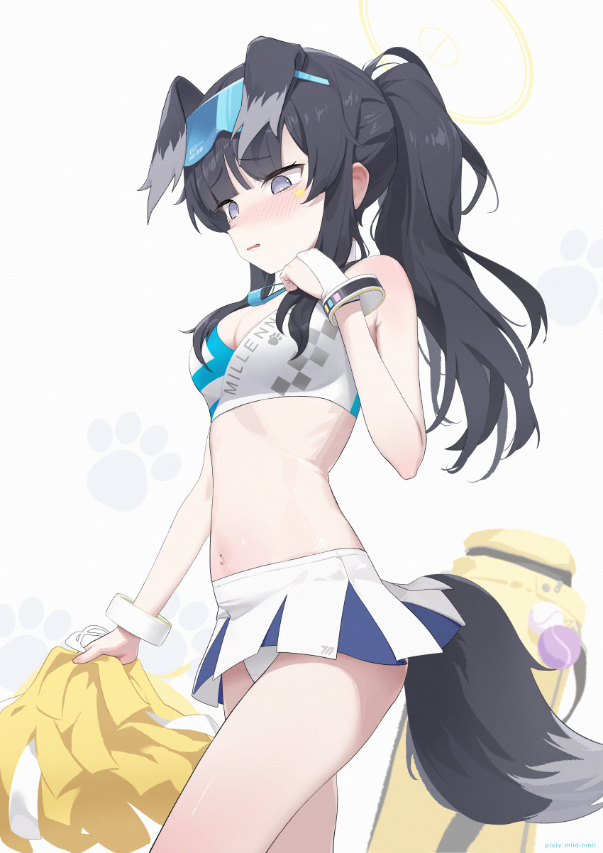 1girl absurdres animal_ears bare_arms bare_shoulders bei_liou black_hair blue_archive blue_eyes blush breasts cheerleader dog_ears dog_girl dog_tail eyewear_on_head goggles goggles_on_head halo hibiki_(blue_archive) hibiki_(cheer_squad)_(blue_archive) highres holding holding_pom_poms medium_breasts millennium_cheerleader_outfit_(blue_archive) official_alternate_costume panties pom_pom_(cheerleading) pom_poms skirt solo star_sticker sticker_on_face stomach tail text_print underwear white_panties white_skirt yellow_halo