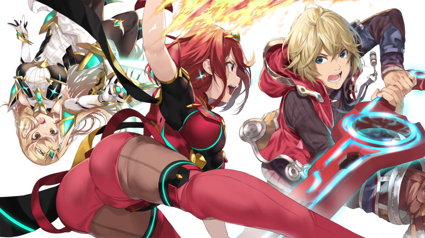 1boy 2girls aegis_sword_(xenoblade) ass bare_shoulders battle black_gloves blonde_hair bob_cut breasts cameltoe chest_jewel commentary_request dress earrings elbow_gloves fingerless_gloves gloves highres holding holding_sword holding_weapon jewelry large_breasts long_hair monado multiple_girls mythra_(massive_melee)_(xenoblade) mythra_(xenoblade) nintendo open_mouth pantyhose pantyhose_under_shorts pyra_(xenoblade) red_eyes red_hair red_legwear red_shorts short_dress short_hair short_shorts shorts shulk_(xenoblade) super_smash_bros. swept_bangs sword thigh_strap thighhighs tiara very_long_hair weapon white_dress white_footwear white_gloves xenoblade_chronicles_(series) xenoblade_chronicles_1 xenoblade_chronicles_2 yappen yellow_eyes