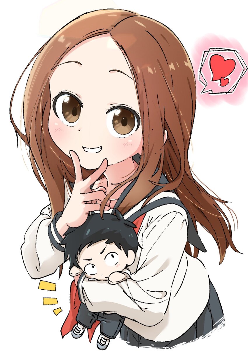 1boy 1girl :d black_hair black_pants black_sailor_collar black_skirt blush brown_eyes brown_hair cropped_torso grin heart highres hug hug_from_behind karakai_jouzu_no_takagi-san long_hair long_sleeves looking_at_viewer mini_person miniboy neckerchief nishikata notice_lines open_mouth pants red_neckerchief sailor_collar school_uniform serafuku shinshin_(ssnsn_oekaki) short_hair simple_background skirt smile spoken_heart straight_hair takagi-san v v_over_eye white_background