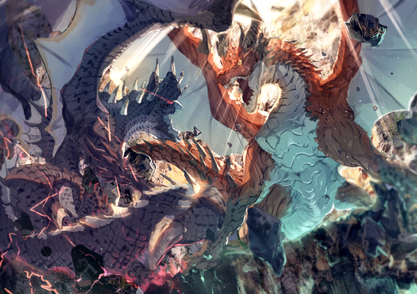 absurdres alatreon black_scales dragon dragon_horns dragon_tail electricity glowing glowing_eyes highres horns monster monster_hunter_(series) no_humans open_mouth red_scales safi&#039;jiiva tail touro