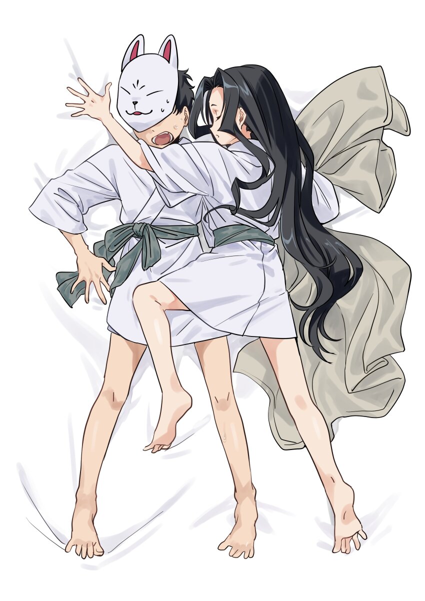 2boys absurdres barefoot bed_sheet black_hair fox_mask full_body grey_sash highres houjou_tokiyuki_(nige_jouzu_no_wakagimi) japanese_clothes kazama_genba kimono long_hair lying lying_on_another mado_cat02 male_focus mask multiple_boys nige_jouzu_no_wakagimi on_back on_stomach open_mouth sleeping sweatdrop toes white_kimono