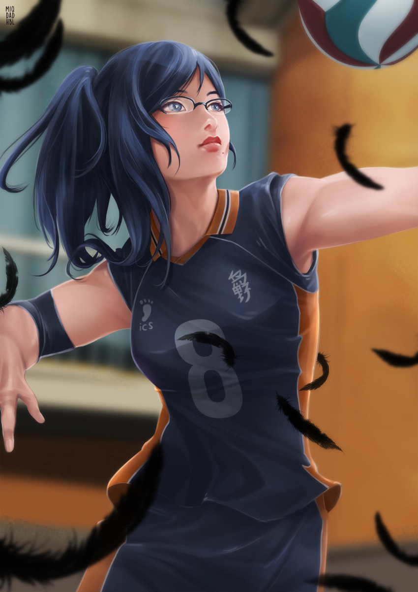 1girl absurdres ball black_eyes black_hair black_shorts blurry blurry_background elbow_pads feathers glasses haikyuu!! highres indoors long_hair miqdadhbl playing_sports ponytail shimizu_kiyoko shorts sleeveless solo sportswear standing volleyball volleyball_(object) volleyball_uniform