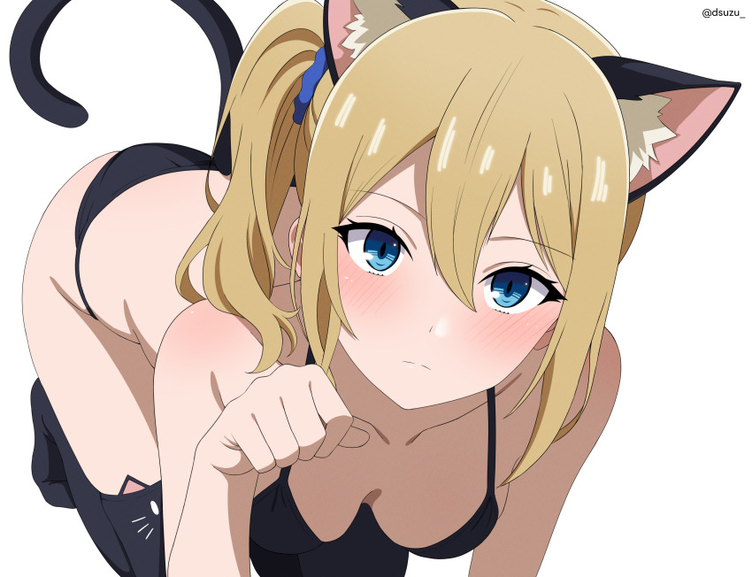 1girl all_fours animal_ear_fluff animal_ear_legwear animal_ears bikini black_bikini black_bra black_panties black_thighhighs blonde_hair blue_eyes blue_scrunchie blush bra breasts cat_ear_legwear cat_ears cat_girl cat_tail cleavage closed_mouth dsuzu fake_animal_ears fake_tail hair_between_eyes hayasaka_ai highres kaguya-sama_wa_kokurasetai_~tensai-tachi_no_renai_zunousen~ leaning_forward looking_at_viewer official_style panties paw_pose scrunchie side_ponytail simple_background small_breasts solo swimsuit tail thighhighs underwear underwear_only white_background