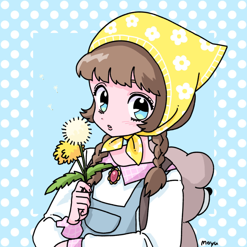 1girl animal_bag backpack bag bear_bag blue_eyes blue_overalls braid brooch brown_hair dandelion dandelion_clock dandelion_seed eyelashes flower fujishima_moyu headscarf highres holding holding_flower jewelry long_hair long_sleeves looking_at_viewer original overalls parted_lips polka_dot solo twin_braids upper_body