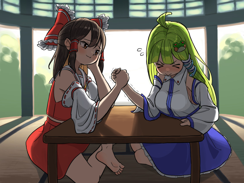 &gt;_&lt; 2girls ahoge arm_wrestling backlighting bare_shoulders blue_skirt blush bow breasts brown_eyes brown_hair collared_shirt detached_sleeves feet frilled_skirt frills frog_hair_ornament green_hair hair_bow hair_ornament hair_tubes hakurei_reimu highres kochiya_sanae long_hair medium_hair motion_lines mt109 multiple_girls nontraditional_miko red_bow red_shirt red_skirt shadow shirt sideboob single_hair_tube single_sidelock skirt smug snake_hair_ornament soles sweatdrop table thighs toes touhou trembling wide_sleeves window