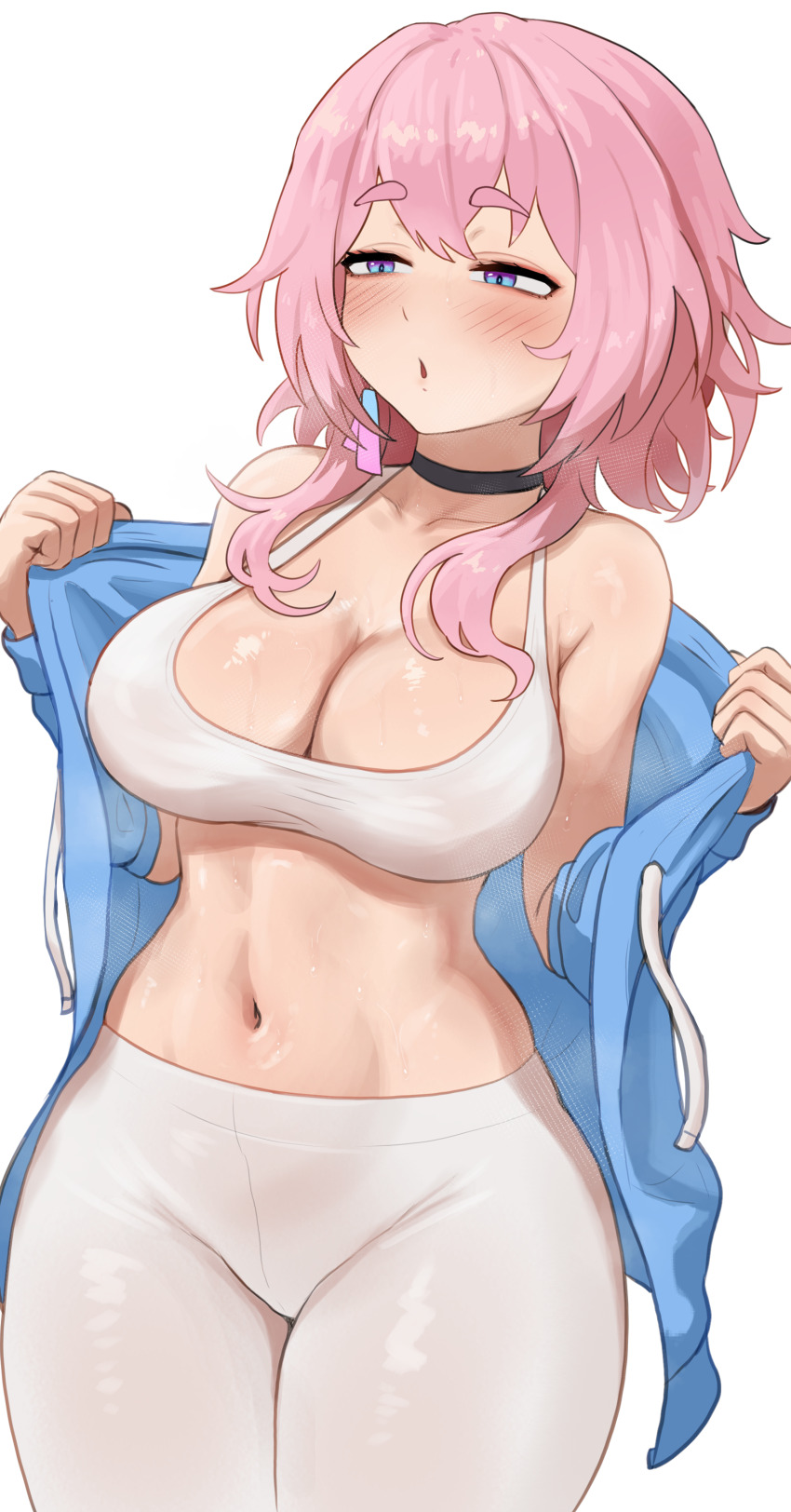 1girl absurdres adjusting_clothes aqua_ribbon bare_shoulders black_choker blue_eyes blue_hoodie blush breasts brikot choker cleavage collarbone commentary earrings gradient_ribbon hair_between_eyes highres honkai:_star_rail honkai_(series) hood hoodie hot jewelry large_breasts leggings long_sleeves march_7th_(honkai:_star_rail) medium_hair midriff navel open_clothes open_hoodie pink_eyes pink_hair pink_ribbon puckered_lips ribbon ribbon_earrings shiny_skin simple_background single_earring solo sports_bra steaming_body stomach sweat two-tone_eyes two-tone_ribbon white_background white_leggings white_sports_bra