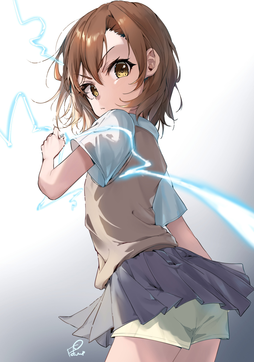 1girl 2023 20s :&lt; absurdres ass brown_sweater_vest coin dress electricity electrokinesis flat_chest from_behind frown gradient_background grey_skirt highres looking_at_viewer looking_back mini_person misaka_mikoto ponshu_(ponshuislife) school_uniform shirt shorts shorts_under_skirt signature skirt solo standing summer_uniform sweater sweater_dress sweater_vest thighs toaru_kagaku_no_railgun toaru_majutsu_no_index tokiwadai_school_uniform white_shirt