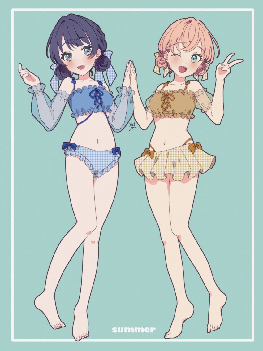 2girls :d ;d absurdres alternate_costume aqua_eyes barefoot bikini blue_bikini blue_bow blue_eyes blue_hair blue_ribbon blush bow bow_bikini braid breasts collarbone commentary_request cross-laced_bikini cross-laced_clothes crossed_bangs dark_blue_hair detached_sleeves double_bun frilled_bikini frills full_body gingham_bikini gingham_ribbon green_background hair_bun hair_ribbon highres hinoshita_kaho kyaku_tasu link!_like!_love_live! long_sleeves looking_at_viewer love_live! matching_outfits medium_breasts midriff mole mole_on_neck multiple_girls murano_sayaka navel one_eye_closed open_mouth orange_bikini orange_bow orange_hair palms_together puffy_long_sleeves puffy_short_sleeves puffy_sleeves ribbon see-through see-through_sleeves short_hair short_sleeves signature single_braid smile swimsuit teeth upper_teeth_only v virtual_youtuber