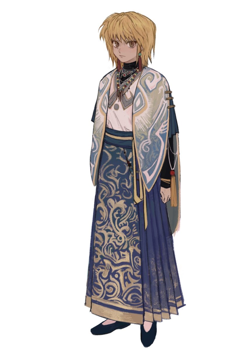 1boy alternate_costume androgynous bead_necklace beads black_footwear black_sleeves blonde_hair blue_skirt brown_eyes closed_mouth earrings full_body highres hunter_x_hunter ik18166181ik jewelry kurapika long_skirt long_sleeves looking_at_viewer male_focus medium_hair necklace shirt simple_background skirt solo standing tassel white_background white_shirt