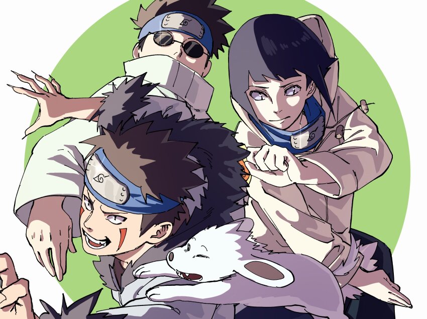 1girl 2boys absurdres aburame_shino akamaru_(naruto) black_hair blue_eyes brown_hair dog facial_mark forehead_protector green_background highres hood hoodie hyuuga_hinata inuzuka_kiba jacket konohagakure_symbol multiple_boys naruto naruto_(series) open_mouth pnpk_1013 round_eyewear sunglasses teeth two-tone_background white_background white_dog white_hoodie white_jacket