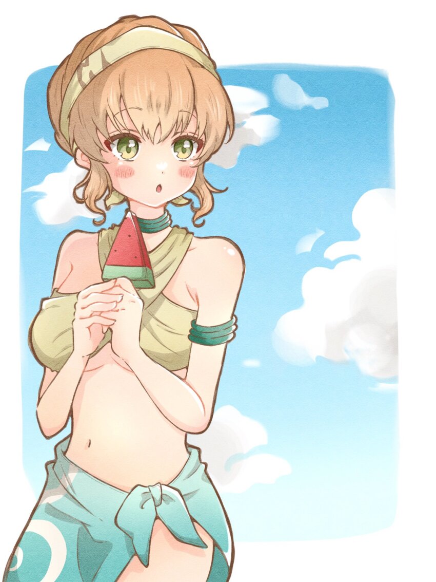 1girl :o armlet armpit_crease blonde_hair blue_sky blush breasts cloud commentary_request food green_eyes hairband highres jewelry kazunokoumaa_(mymyabyss) large_breasts natalia_luzu_kimlasca_lanvaldear navel popsicle raised_eyebrows sky solo standing tales_of_(series) tales_of_the_abyss watermelon_bar white_hairband