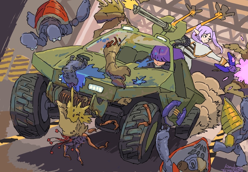 2girls battle creature crossover driving fern_(sousou_no_frieren) fleeing flood_(halo) frieren grunt_(halo) halo:_combat_evolved halo_(series) highres holding holding_turret kanokoga military_vehicle monster motor_vehicle multiple_girls needler plasma_pistol pointy_ears purple_hair run_over sousou_no_frieren turret twintails warthog_(halo)