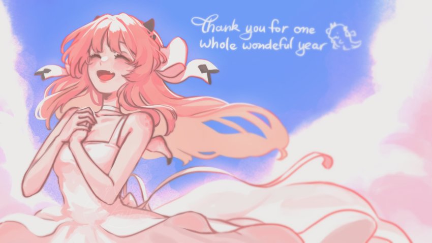 1girl ^_^ atelier_live blush breasts choker closed_eyes cloud collarbone commentary dragon_girl dragon_horns dress english_commentary english_text closed_eyes fang floating_hair fubkzm highres horns kuzuryu_io long_hair open_mouth own_hands_together skin_fang sky small_breasts smile solo thank_you virtual_youtuber white_choker white_dress