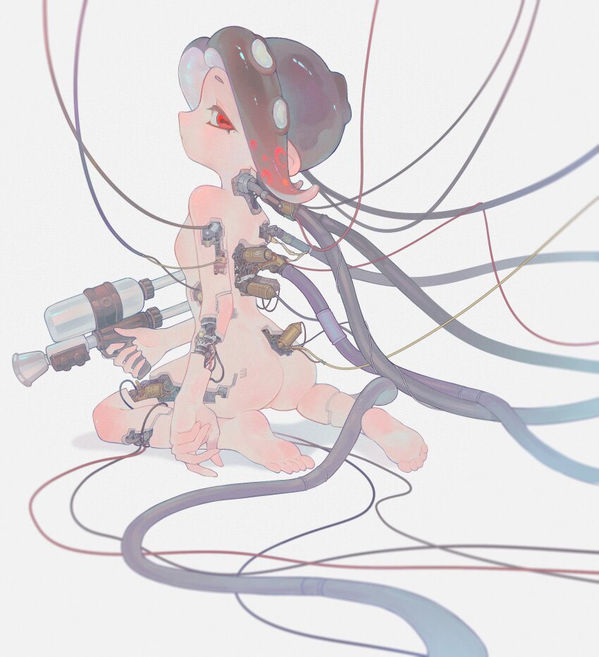 1girl agent_8_(splatoon) ass barefoot breasts brown_hair cephalopod_eyes commentary completely_nude english_commentary expressionless from_behind full_body ghost_in_the_shell gradient_hair highres holding holding_weapon horizontal_pupils joints liang_cun_rakuna looking_at_viewer looking_back mechabare medium_hair mole mole_under_eye multicolored_hair nintendo no_nipples nude octo_shot_(splatoon) octoling parted_bangs red_eyes red_hair robot_joints soles solo splatoon_(series) splatoon_3 splatoon_3:_side_order subdermal_port tentacle_hair two-tone_hair weapon white_background