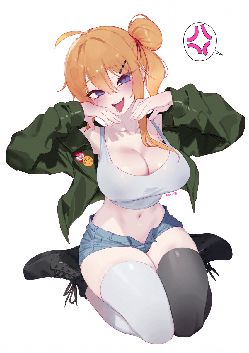 1girl absurdres ahoge anger_vein asymmetrical_legwear black_footwear black_thighhighs blue_eyes blush breasts cleavage denim denim_shorts eonsang full_body girls&#039;_frontline green_jacket hand_up highres jacket kalina_(girls&#039;_frontline) large_breasts long_sleeves looking_at_viewer mismatched_legwear navel open_clothes open_jacket open_mouth orange_hair shorts simple_background sitting solo speech_bubble spoken_anger_vein tank_top teeth thighhighs tongue tongue_out upper_teeth_only white_background white_tank_top white_thighhighs