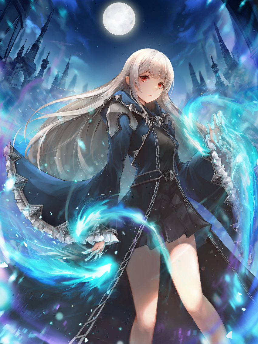 1girl absurdres black_skirt coat commentary crystalherb dress female_focus frilled_sleeves frills full_moon highres long_hair long_sleeves looking_at_viewer magic moon night night_sky original outdoors red_eyes skirt sky solo spire standing white_hair wide_sleeves