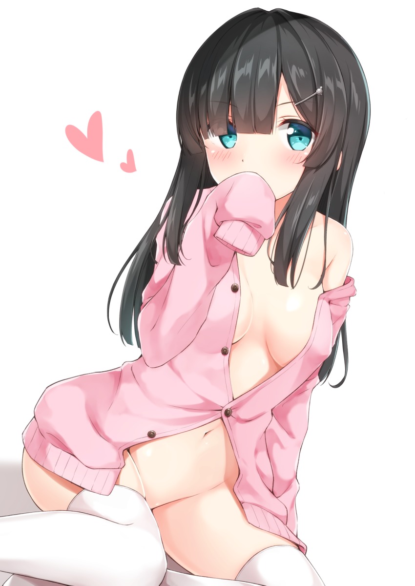 1girl bare_shoulders black_hair blue_eyes blush bottomless breasts cardigan collarbone commentary_request covered_mouth hair_between_eyes hair_ornament hairclip heart highres karutamo long_hair long_sleeves looking_at_viewer medium_breasts naked_cardigan navel no_bra off_shoulder original pink_cardigan sitting sleeves_past_fingers sleeves_past_wrists solo thighhighs white_background white_thighhighs yokozuwari