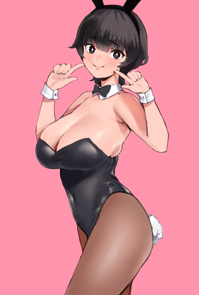 1girl absurdres bare_shoulders black_bow black_bowtie black_eyes black_hair bow bowtie breasts cleavage curvy detached_collar fingers_to_cheeks highres large_breasts leotard looking_at_viewer original pantyhose pink_background playboy_bunny pointing short_hair simple_background smile solo thighs wrist_cuffs yotamono