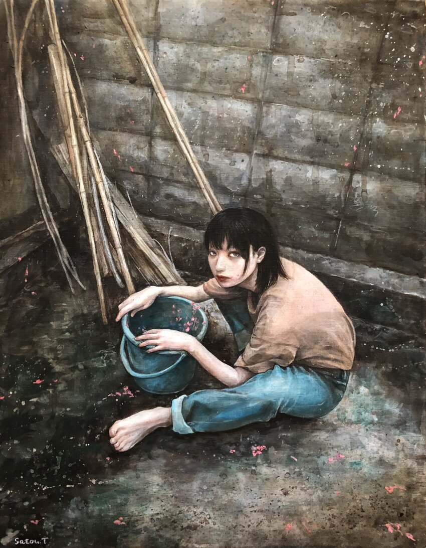 1girl barefoot black_hair blue_pants brick_wall brown_shirt bucket denim feet highres jeans long_hair looking_at_viewer original pants satou_t shirt sitting solo toes