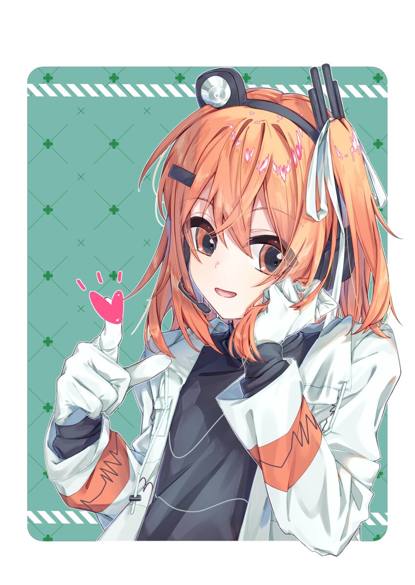 1girl a.i._voice absurdres adachi_rei aqua_background black_shirt border gloves hair_ornament hair_ribbon hairclip hamano_yui hand_rest hashtag-only_commentary headlamp heart highres jacket lens_eye looking_at_viewer medium_hair one_side_up open_clothes open_jacket orange_eyes orange_hair outside_border parted_lips radio_antenna ribbon shirt solo text_in_eyes upper_body utau white_border white_gloves white_jacket white_ribbon